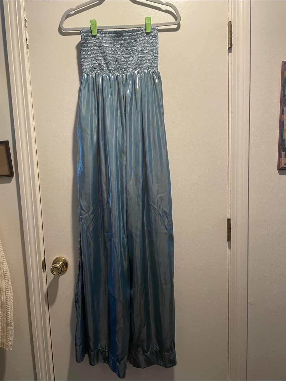 Free People Metallic Steel Blue Varied Color Wide-Leg Harem Style Smocked Pants